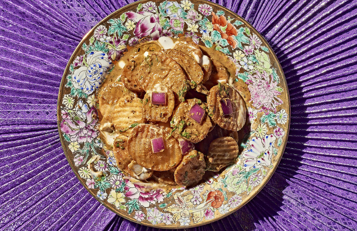 Plate of food on a purple background